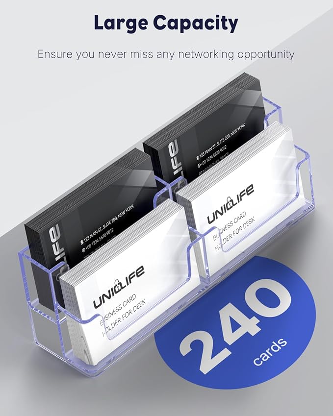 Uniclife 2 Pack Acrylic Business Card Holder for Desk 2 Tiers 4 Slots Clear Business Card Display Stand for Men & Women Desktop Business Card Organizer Card Stand for Office Home, 240 Card Capacity