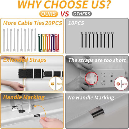 SUREUP9 No Drill Under Desk Cable Management Tray, 48" Cord Organizer with Clamp, Fabric Cable Management for Standing Desks, Ideal for Home & Office - White
