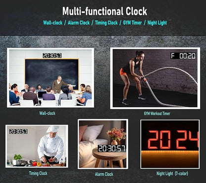 ETEBRG 26'' Huge Digital Wall Clock, Home Gym Interval Workout Timers, with Countdown, Stopwatch, 7-Color Light, 8-Alarms, Calendar/Temperature Display, for HIIT/Tabata/FGB/EMOM (White)