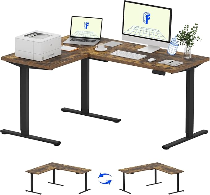 FLEXISPOT L Shaped Standing Desk, 63 x 47 Inch Electric Height Adjustable Corner Desk, Sit Stand Computer Workstation, Preset Controller, Home Office, Black Frame with Rustic Brown Top
