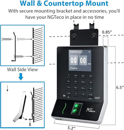 NGTeco APP Time Clock, Fingerprint & PIN Times Clock for Small Business, Biometric Clocks in Machine for Employees with iOS/Android App, No Monthly Fee, 2.4GHz WiFi, Black
