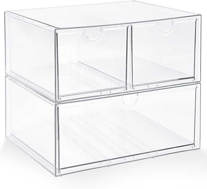 Prsildan Acrylic Drawer Makeup Organizer with 3 Drawers, Clear Stackable Storage for Baby Bottles, Craft, Jewelry & Hair Accessories, Multi-Use for Vanity, Countertop, Office Desk Organization
