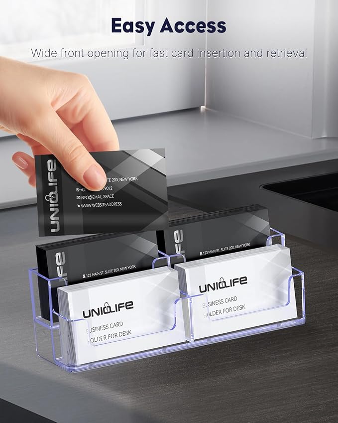 Uniclife 2 Pack Acrylic Business Card Holder for Desk 2 Tiers 4 Slots Clear Business Card Display Stand for Men & Women Desktop Business Card Organizer Card Stand for Office Home, 240 Card Capacity