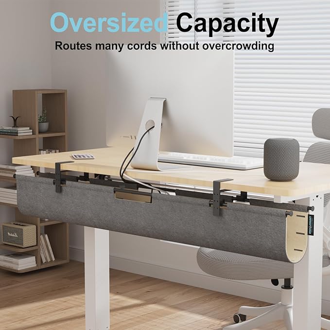 2-in-1 Under Desk Cable Management Tray & Privacy Panel, Dual-Sided Felt Cord Organizer to Hide Wires and Clutter, Desk Mount Cord Holder for Office and Home, Clamp or Screw Mount (Gray/Khaki, 30")