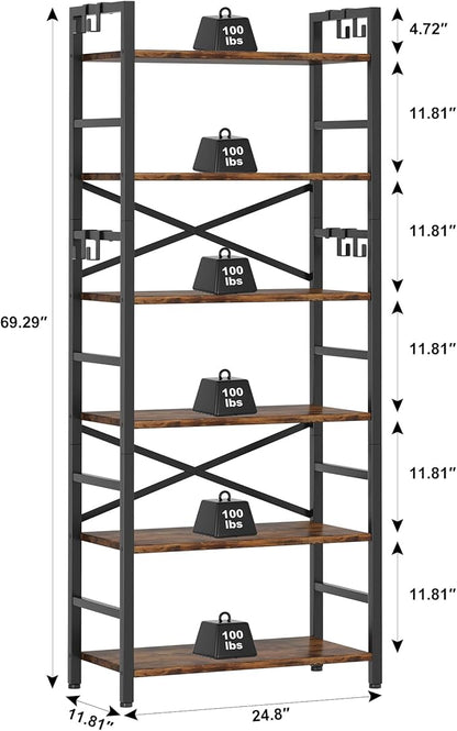 Homeiju 6 Tier Bookshelf, Industrial Bookcase with 8 Hooks, Vintage Storage Rack with Open Shelves, Rustic Standing Bookshelves Metal Frame Display Rack for Living Room, Bedroom, Rustic Brown
