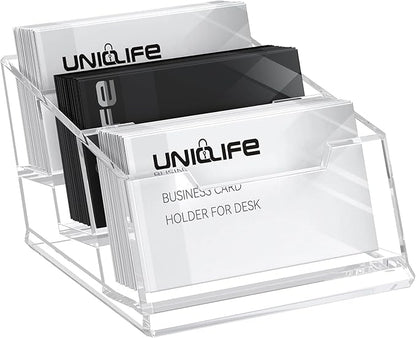 Uniclife Acrylic Business Card Holder for Desk 3 Slots Clear Business Card Display Stand for Men & Women Desktop Business Card Organizer Card Stand for Office Home Exhibition, 180 Card Capacity