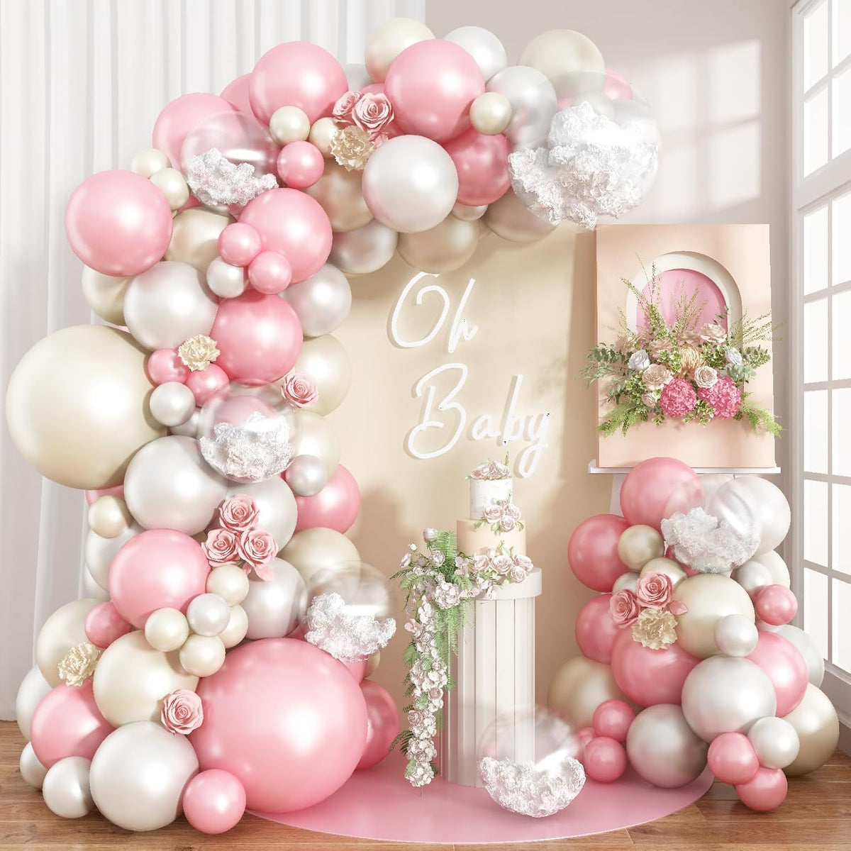 Pearl White and Pink Balloons Arch Double Stuffed Balloons Garland Pare Pink Blush Beige Cream Latex Balloon with Clear Balloon for Neutral Birthday Party Decoration Baby Girl Bridal Shower Wedding