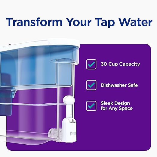 PUR 30-Cup Countertop Water Filter Dispenser, 1 Genuine PUR Filter, 2-in-1 Powerful Filtration, Lasts 2 Months or 40 Gallons, Dishwasher Safe, White/Blue (DS1800Z)