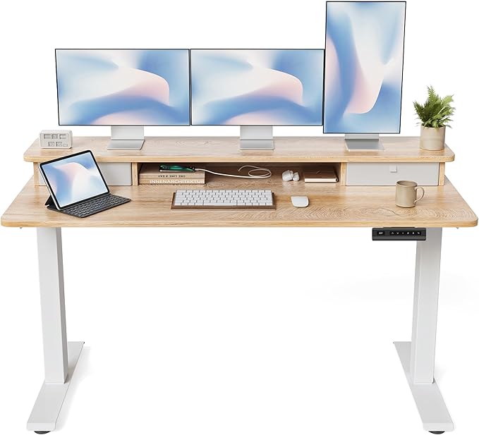 FEZIBO 63 x 28 Inch Deeper Height Adjustable Electric Standing Desk with Double Drawers, Sit Stand Up, Home Office Computer Desk with 4 Height-Adjustable Feets & 2 Hooks, White Frame/Maple Top