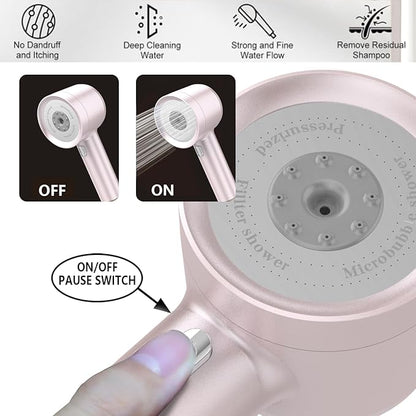 High Pressure Shower Head with Handheld, with Pause Switch 4 Spray Modes Water Saving Showerhead,Showerhead Set with Hose, Bracket and Cotton Filter, (pink)