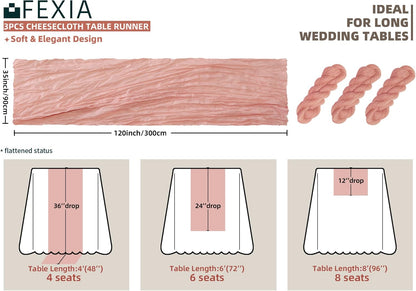 FEXIA 3 Pack Pink Table Runner 35x120 Inches for Baby Shower Decoration Spring Easter Table Runner for Wedding Party First Communion Centerpiece Engagement Bridal Shower Boho Decoration