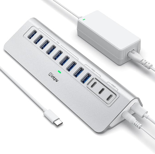YH9AC Powered USB Hub 10Gbps, intpw 12 Port USB C Hub with 10Gbps USB C 3.2+2 USB A 3.2, 7 USB 3.0, 2 PD 45W Charging Port, 65W Power Adapter + 3.3FT Cable, Aluminum USB Hub for Laptop/iPhone 17/16/PC