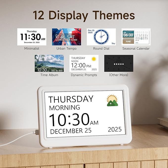 Raynic Date Clock, Digital Clock with 12 Themes, 20 Alarms, 20 Reminders, Semi-Automatic Dimming, 12/24 Hours, Auto DST for Desktop, Office, Students