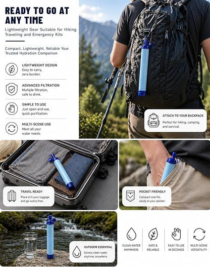 Water Filter, Lightweight Portable Water Filter Straw (3) | Emergency Survival Filtration System, Personal Water Purifier, Includes 480ml Reservoir & Tube, for Hiking, Camping, Travel