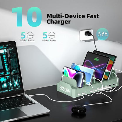 Charging Station for Multiple Devices, Zobirez 10-Port USB C Fast Charger Stations for MacBook, iPhone, Android Cell Phone, iPad, Tablet, Family Multi-Device Organizer Charging Dock, Green