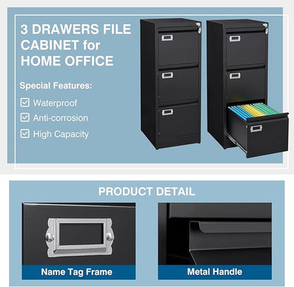 PEUKC 3-Drawer File Cabinet, 16.3" Deep Vertical Filing Cabinet with Lock, Metal File Cabinet for Home Office, Anti-Tip 3 Storage Drawers for Letter/Legal/A4/F4 Size, Assembly Required, Black