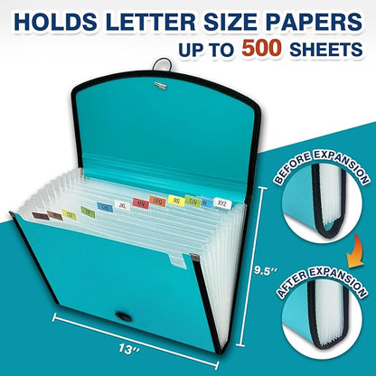H4D 13-Pocket Accordion File Organizer, Expanding File Folder, Teal | Extra Back Mesh Pocket, Letter Size Paper, Pre-Printed and Customizable Labels, Expandable Document Organizer