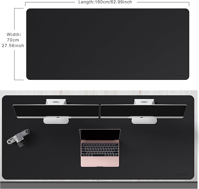 Mydours Giant Desk Mat, 63 x 28 inch Extended PU Leather Desk Pad, Gaming Desk Mat for Home Office Desk, Mouse Pad for Home Office & Computer Workstation, Extra Pad for Standing Desk (Black)