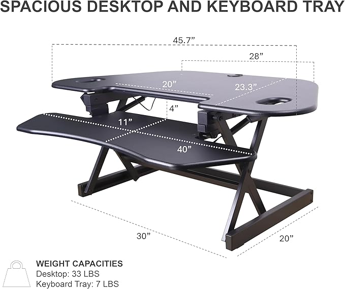 Rocelco 46" Height Adjustable Corner Standing Desk Converter with AC Outlet and USB Charger - Sit Stand Up Dual Monitor Tabletop Riser Workstation - Large Keyboard Tray - Black (R CADRB-46-ACUSB)