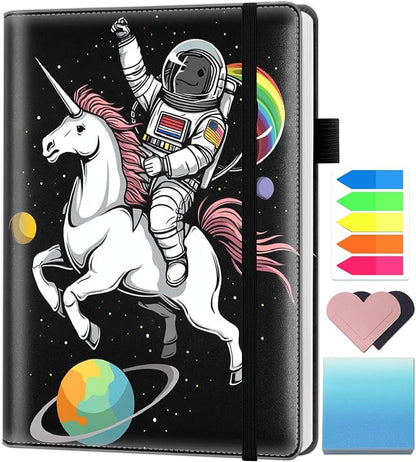 A5 Leather Lined Journal Notebook, 200 Pages Hardcover Executive Notebook for Men Women Office School Note Taking, Thick Writing Paper Daily Journal with Bookmarks/Indexes, Astronaut Riding Horse