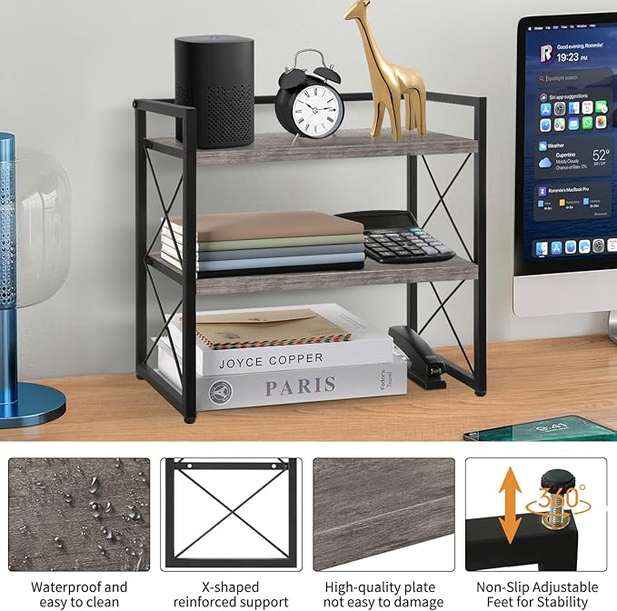 YINMIT Desktop Shelf Organizer, 2 Tier Office Shelves, Wood Desk Organizer Storage Rack and Freestanding Display Shelf for Office, Dormitory, Home (Grey)