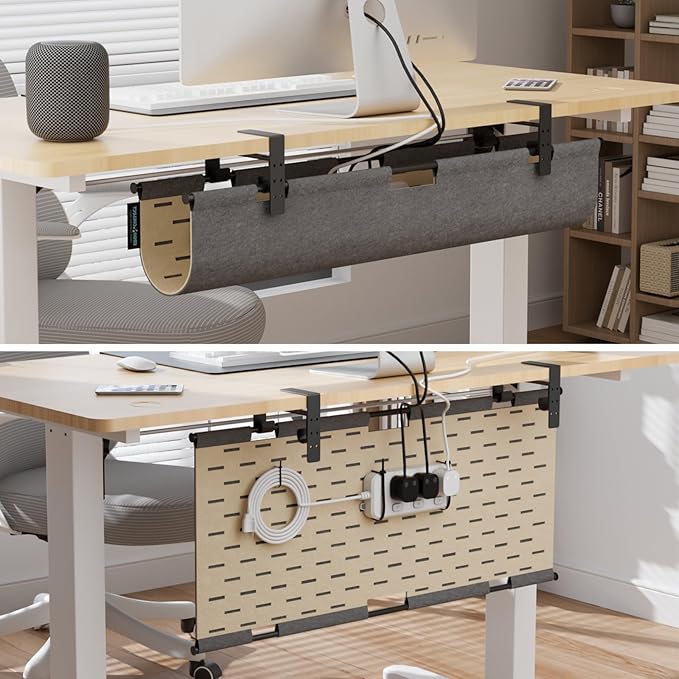 2-in-1 Under Desk Cable Management Tray & Privacy Panel, Dual-Sided Felt Cord Organizer to Hide Wires and Clutter, Desk Mount Cord Holder for Office and Home, Clamp or Screw Mount (Gray/Khaki, 30")