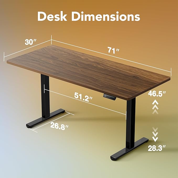 HUANUO 71 x 30 inch Electric Standing Desk Adjustable Height, 4 Memory Height Settings, Sit Stand Up Desk for Home Office & Computer Workstation, Black Walnut