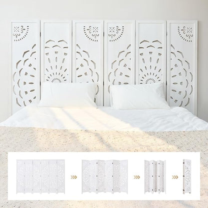 66.9Inch Wooden Room Partition - 6 Panels Boho-Styled Space Room Divider for Home/Office, Headboard & Yoga/Photo/Video Call Backdrop (White)