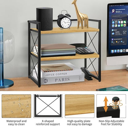 YINMIT Desktop Shelf Organizer, 2 Tier Office Shelves, Wood Desk Organizer Storage Rack and Freestanding Display Shelf for Office, Dormitory, Home (Black Wood)