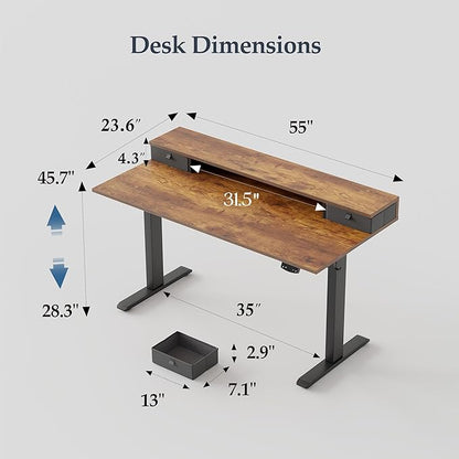 Klicelor 55 Inch Electric Standing Desk with Drawers, Adjustable Height Small Sit Stand Desk for Home Office, Compact Computer Workstation with Storage– Rustic Brown