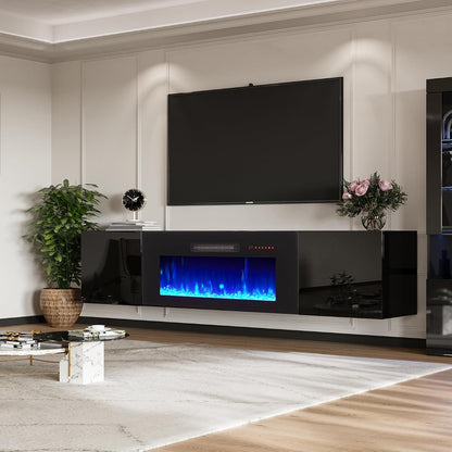 80" Floating TV Stand with 40" Electric Fireplace & LED Lights
