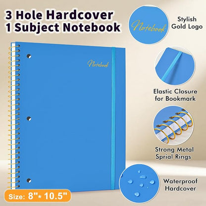 Spiral Notebook College Ruled Paper 8" x 10-1/2", 1 Subject Spiral Notebook 80GSM Paper, 3-Hole Punched Perforated Pages Ideal for School, Office, Writing, 75 Sheets Lined Journaling Notebook, Blue
