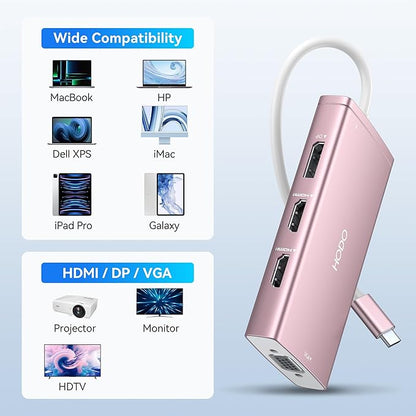 USB C Docking Station Dual Monitor Adapter for Dell HP, Laptop Docking Station 3 Monitors Quadruple Display USB C Hub Dongle to 4K HDMI+DisplayPort+VGA,3 USB2.0,100W PD, 8 in 1 Thunderbolt Dock