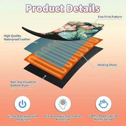 Heated Desk Pad Large Mouse Pad 23.6 x 14.1 inch with 3 Levels Heating & Auto Shut-Off Warm Mouse pad PU Leather Computer Mousepad for Home Office Work - Lotus Flower and Lotus Leaf