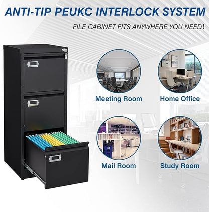 PEUKC 3-Drawer File Cabinet, 16.3" Deep Vertical Filing Cabinet with Lock, Metal File Cabinet for Home Office, Anti-Tip 3 Storage Drawers for Letter/Legal/A4/F4 Size, Assembly Required, Black