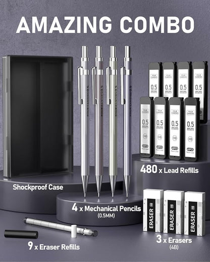 4PCS Metal Mechanical Pencil Set, 0.5mm Fine Point, Pack with Storage Case | 480 Leads, 3 Erasers+9 Refills, For School Writing, Sketching, Art Drawing & Professional Drafting