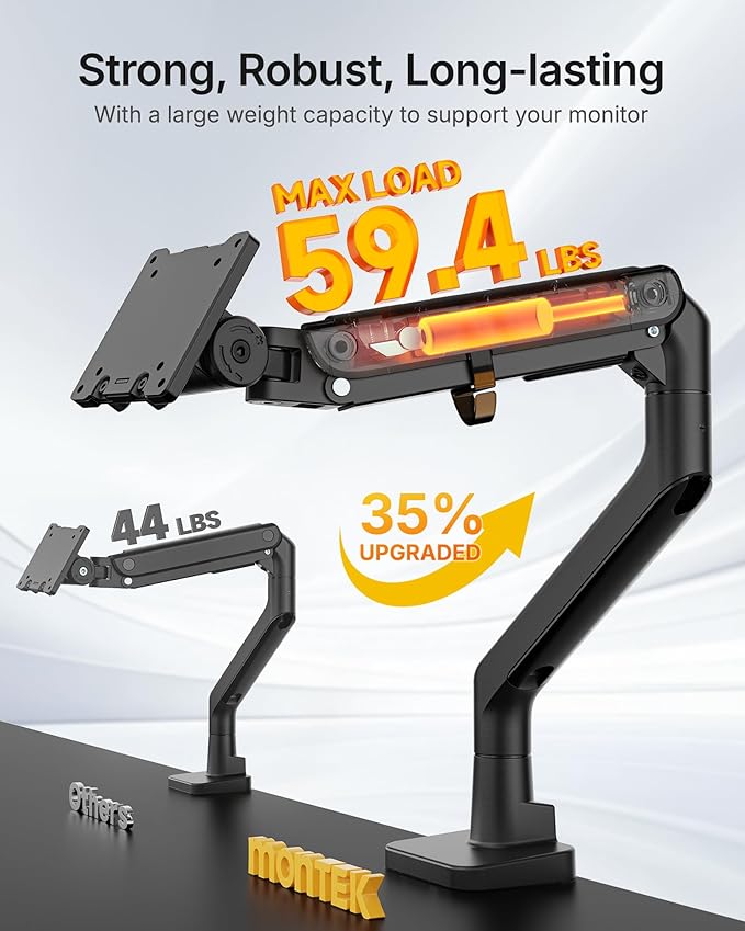 monTEK Heavy-Duty Monitor Arm for 17-57" Ultrawide Curved Screen, Supports up to 59.4 lbs, Adjustable Gas Spring Arm, 75/100 VESA Mount, Clamp & Grommet Desk Monitor Mount Single, Black
