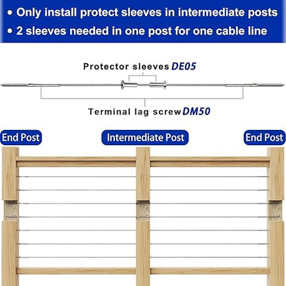 Steel DN Mate 100 Pack Stainless Steel Protector Sleeves for 1/8" Wire Rope, Cable Railing Hardware for Deck/Cable Railing System, T316 Marine Grade, Cable Sleeves Come with a Drill Bit DE100