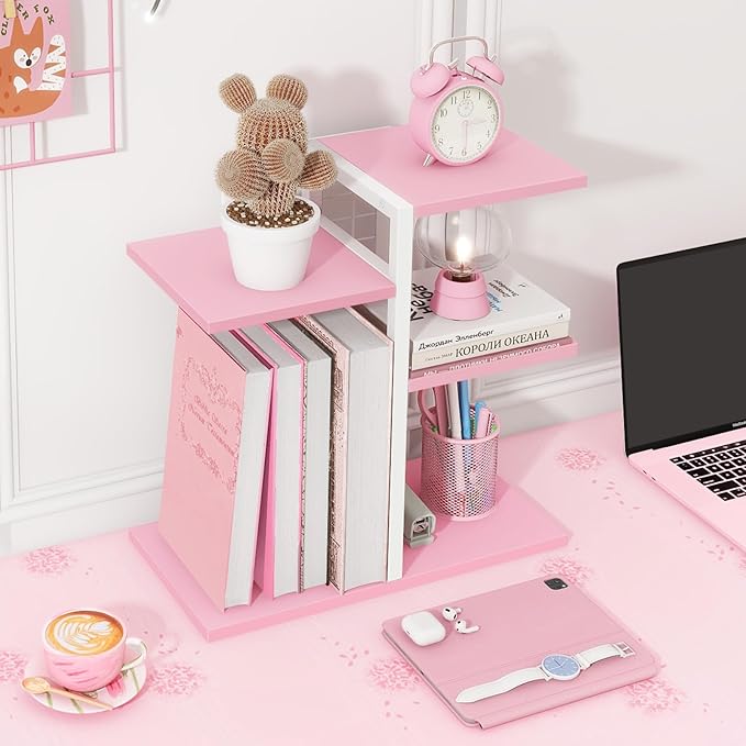 ELITEROO Desktop Bookshelf, Tiered Desk Organizer Shelf, Wooden Tabletop Bookshelf Small Desk Book Shelf, Dresser Top Organization Storage Rack and Desk Decorations for Women Office, Pink
