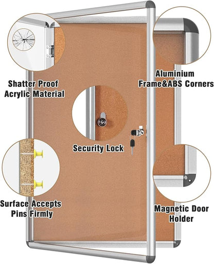 Mifuro 36"x24" Enclosed Bulletin Board, Lockable Weather-Resistant Aluminum Cork Noticeboard for School & Office, Silver Frame w/Cork