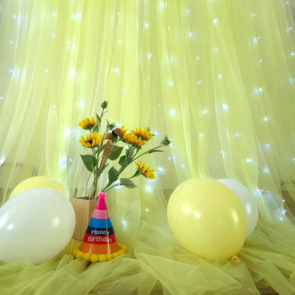 Yellow Sheer Tulle Backdrop Curtains with Lights String for Birthday Party Photoshoot 2 Panels 5×10ft Yellow Backdrop Curtains for Baby Shower Wedding Background Decorations