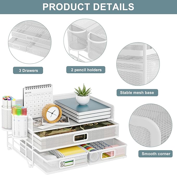 Marbrasse 3 Tier Mesh Desk Organizer with Drawer, Multi-Functional Desk Organizers and Accessories, Paper Letter Organizer with 2 Pen Holder for Home Office Supplies - White