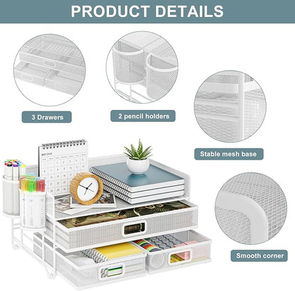 Marbrasse 3 Tier Mesh Desk Organizer with Drawer, Multi-Functional Desk Organizers and Accessories, Paper Letter Organizer with 2 Pen Holder for Home Office Supplies - White