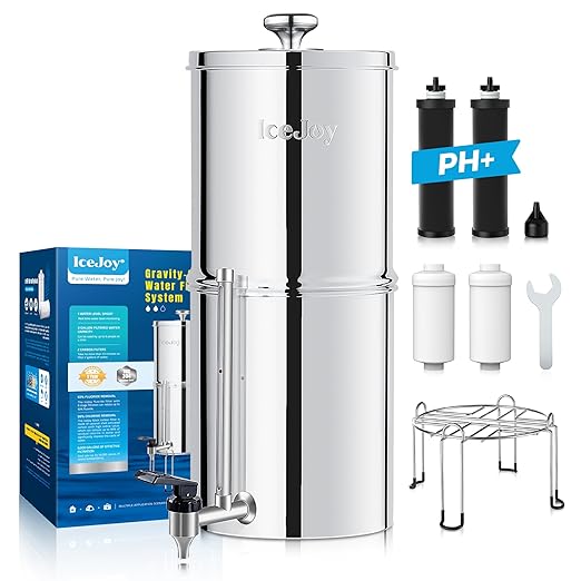8-Stage Alkaline Gravity Water Filtration System 3.0 Gallon – 304 Stainless Steel Countertop System with 4 Filters and Stand, Increases pH, Reduces 99.9% Chlorine & Heavy Metals