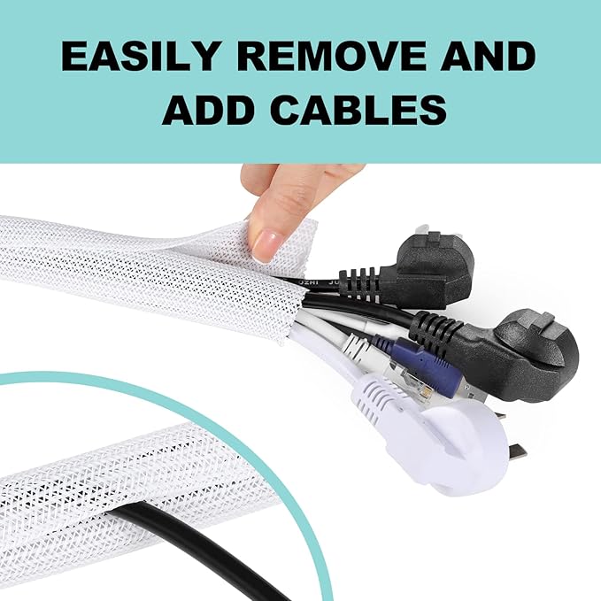 AGPTEK Cable Sleeve Cover, 6.6ft - 1.2 inch Desk Cord Organizer Cable Hider, Home Office Wire Management Computer TV Wire Loom Tubing, Pet Proof Cord Protector, from Cat Dog Chewing, White