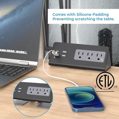 Nightstand Charging Station, Nightstand Edge Power Strip with 3 AC Outlets, 4 Fast Charging USB Ports, Connect 6.56FT Flat Plug, Desk Surge Protector for Office Home Hotel, 2-Pack(Black)