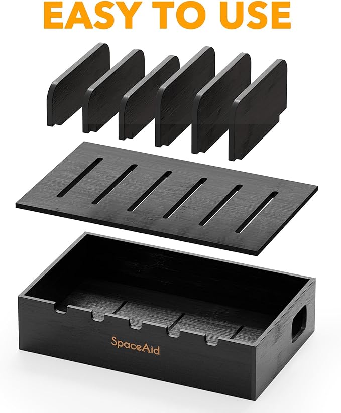 SpaceAid Bamboo Charging Station for Multiple Devices, Cell Phone Docking Stations for Multi Laptop, Tablets and iPads, Nightstand Bedside Desk Device Charger Organizer (Black)