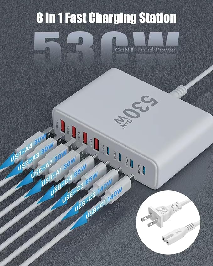 530W USB C Charger Block,8-Port USB C Charging Station GaN IV Travel Essentials Multiple Port Charging Station,100W Laptop Fast Charger Adapter for MacBook Pro/Air,DELL,iPad,iPhone,Samsung Galaxy