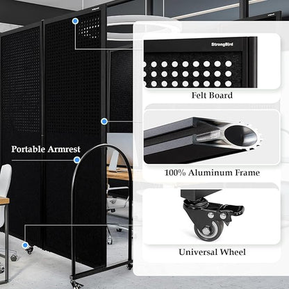 Folding Room Partition,Freestanding Privacy Divider,Portable Office Divider Wall,Commercial Space Partition Screen,Perforated Felt Panel Design,18'5"W x 6'7"H,7 Panel,Black