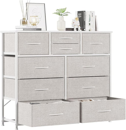 LUMTOK 10-Drawer Dresser, Fabric Dressers Drawers for Bedroom, Hallway, Nursery, Closets, Steel Frame, Wood Top, Easy Pull Handle (Light Grey)